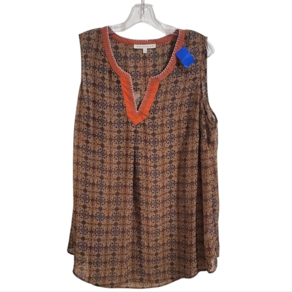Daniel Rainn Womens Sleeveless Blouse Green and Brown Print Plus Size 1X - Picture 1 of 5